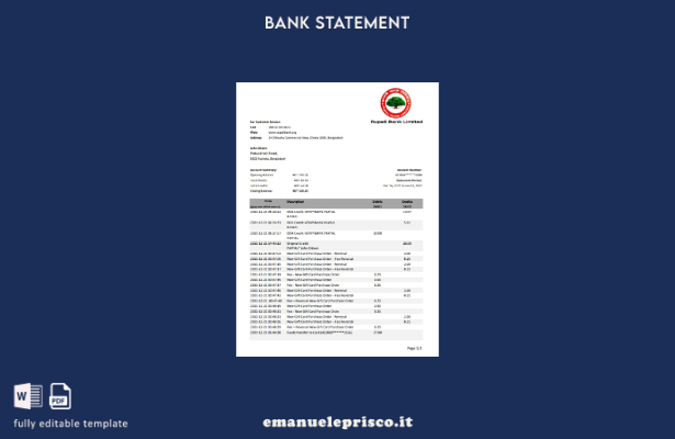 Modello Excel di estratto conto bancario Rupalii del Bangladesh in stile verific